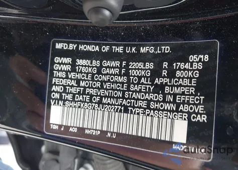 2018 Honda Civic Type R Touring z USA, uszkodzony, nr VIN SHHFK8G78JU202771